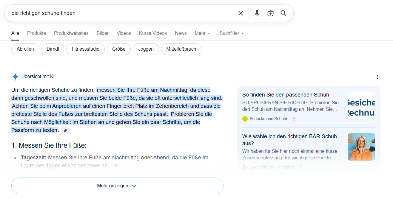 Screenshot eines Google AI Overviews in den Suchergebnissen
