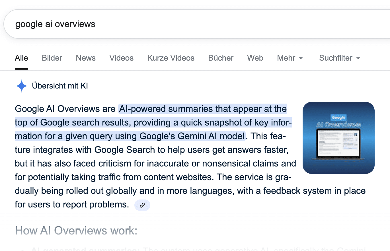 Screenshot von Google um die KI Rankings vom AI Overview zu verbildlichen.