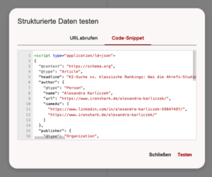 Screenshot von einem Test auf Strukturierte Daten als Basis für KI Sichtbarkeit