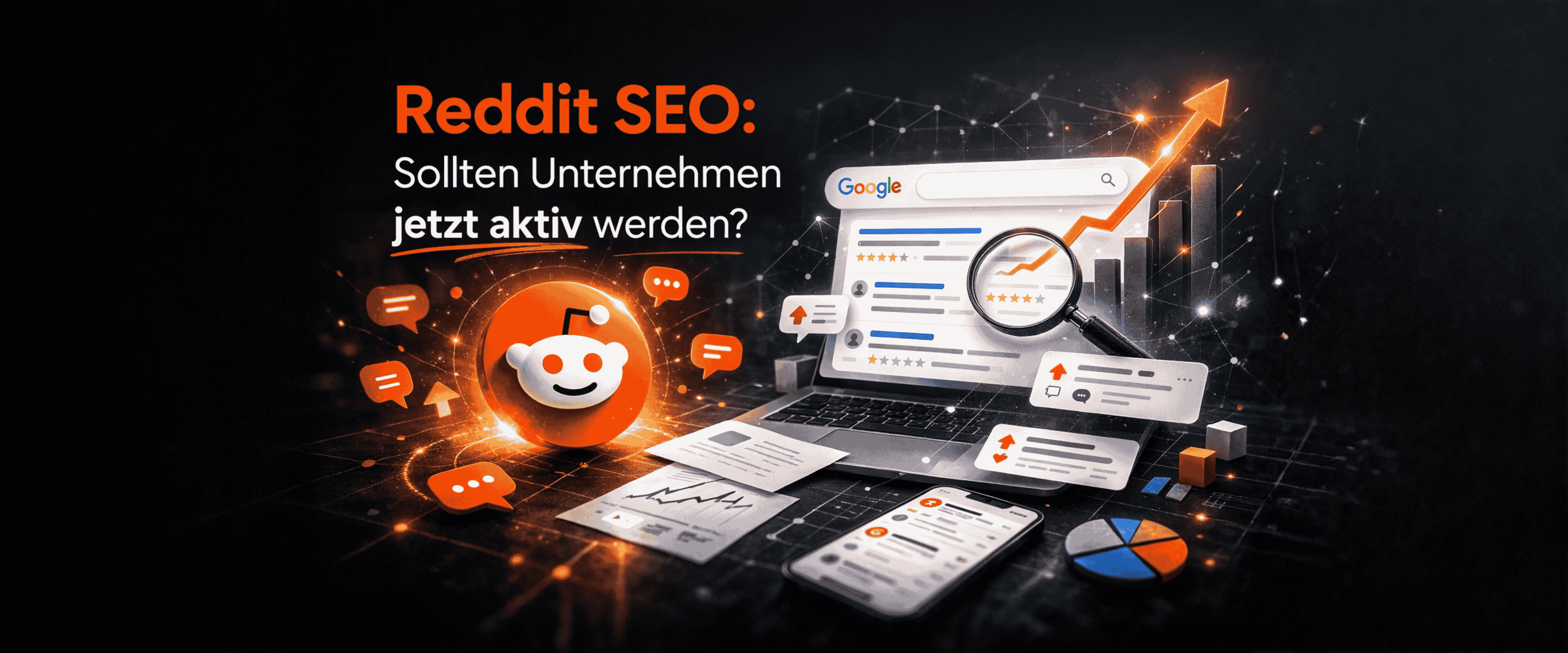 Bannerbild für Blogbeitrag "Muss ich jetzt auch auf Reddit aktiv sein?" als Futuristische Collage auf schwarzem Hintergrund mit orangenen Details und symbolischen Auszügen aus Reddit.