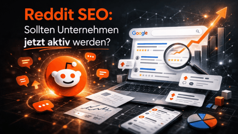 Titelbild für Blogbeitrag "Muss ich jetzt auch auf Reddit aktiv sein?" als Futuristische Collage auf schwarzem Hintergrund mit orangenen Details und symbolischen Auszügen aus Reddit.