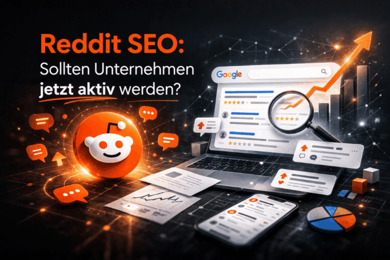 Titelbild für Blogbeitrag "Muss ich jetzt auch auf Reddit aktiv sein?" als Futuristische Collage auf schwarzem Hintergrund mit orangenen Details und symbolischen Auszügen aus Reddit.