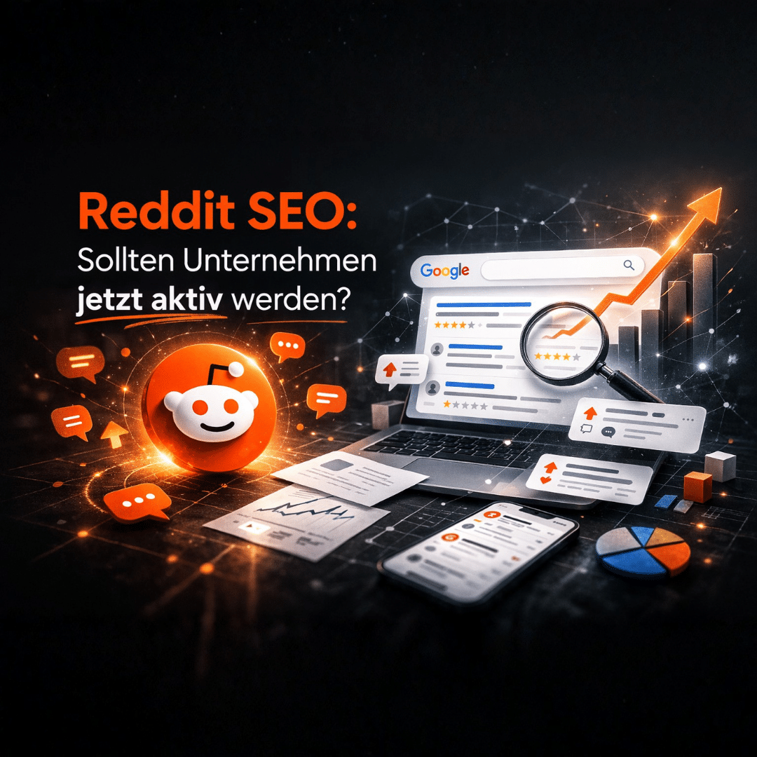 Titelbild für Blogbeitrag "Muss ich jetzt auch auf Reddit aktiv sein?" als Futuristische Collage auf schwarzem Hintergrund mit orangenen Details und symbolischen Auszügen aus Reddit.