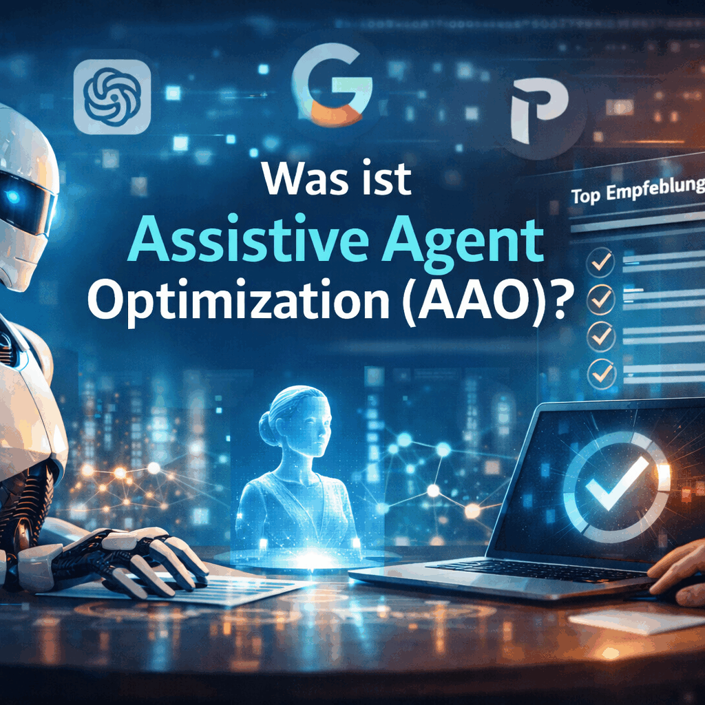 Titelbild für den Blogbeitrag "Was ist Assistive Agent Optimization?" im futuristischen Stil mit einem Roboter und einem Laptop.