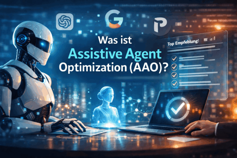Titelbild für den Blogbeitrag "Was ist Assistive Agent Optimization?" im futuristischen Stil mit einem Roboter und einem Laptop.