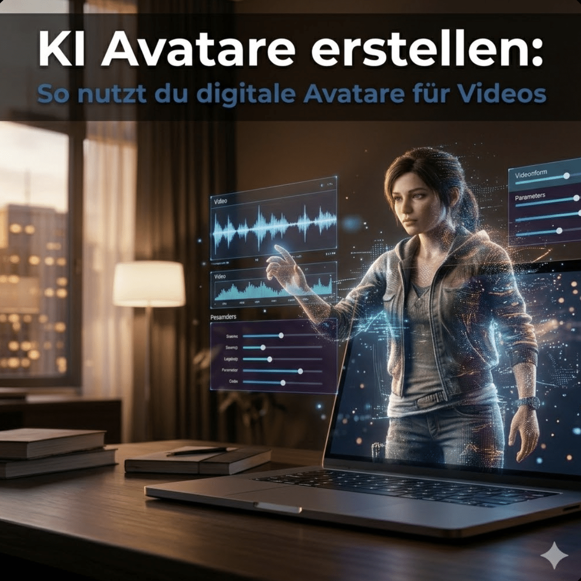Bildschirmfoto 2026-03-24 um 21.25.25 Beitragsbild, auf dem ein Avatar aus einem Laptop in einem Arbeitszimmer herauskommt. Auf dem Bild ist die Überschrift geschrieben "KI Avatare erstellen: So nutzt du digitale Avatare für VIdeos"