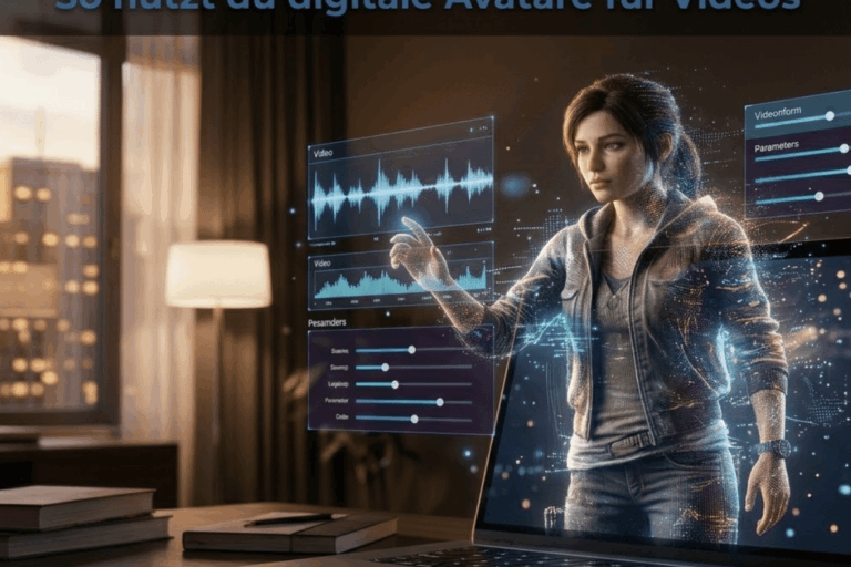 Beitragsbild, auf dem ein Avatar aus einem Laptop in einem Arbeitszimmer herauskommt. Auf dem Bild ist die Überschrift geschrieben "KI Avatare erstellen: So nutzt du digitale Avatare für VIdeos"