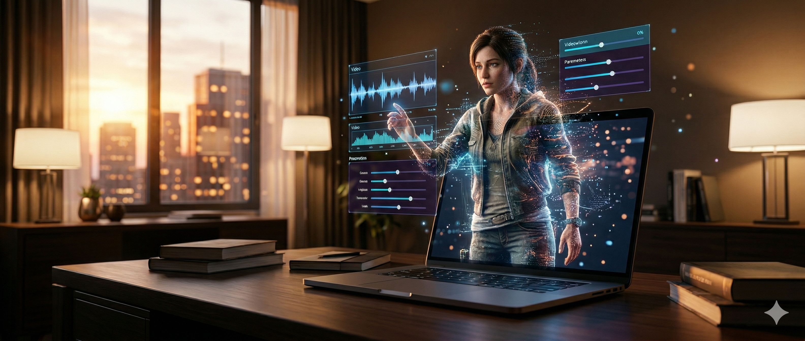 Header Banner Bild auf dem ein Arbeitszimmer abgebildet ist, wo ein Avatar aus einem Laptop herauskommt