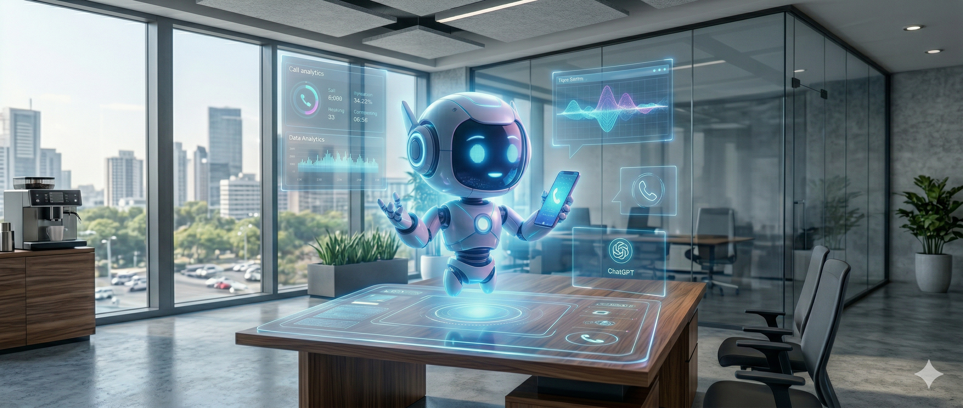 Header Banner Bild, auf dem ein KI Roboter in einem Büro anrufe tätigt