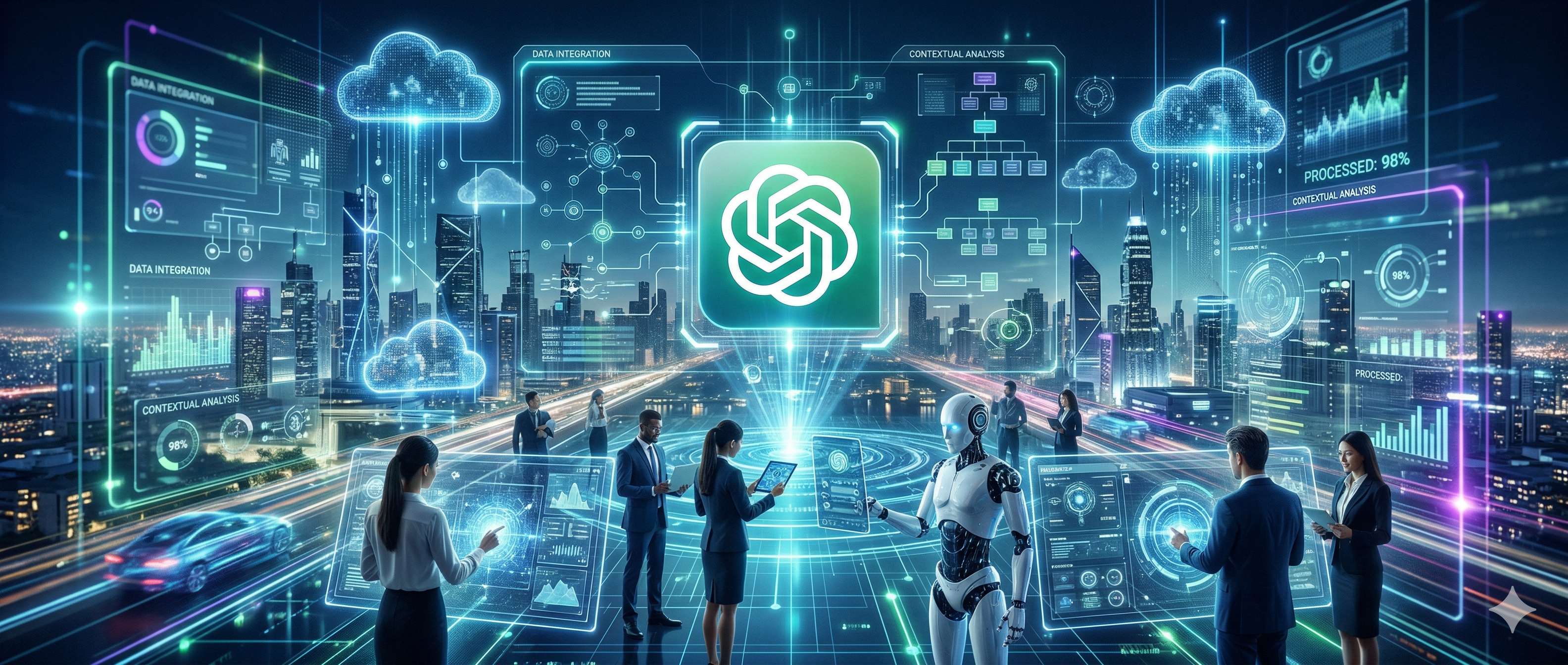 Futuristisches Headerbanner, dass die richtige und effektive Nutzung von ChatGPT in Unternehmen darstellen soll