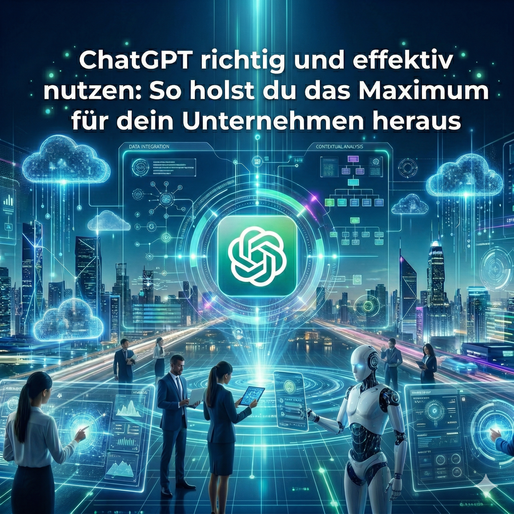 Gemini_Generated_Image_ulp8gdulp8gdulp8 Futuristisches Beitragsbild, dass die richtige und effektive Nutzung von ChatGPT in Unternehmen darstellen soll