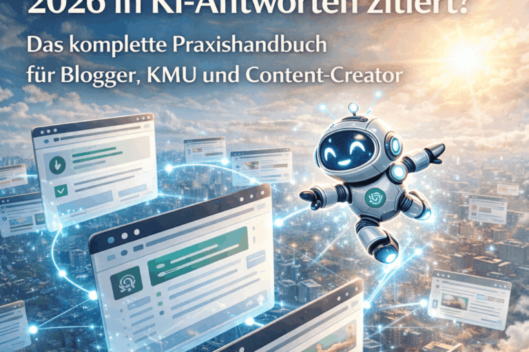 Schaubild mit Roboter für die Frage: Wie werden kleine Websites 2026 in KI-Antworten zitiert