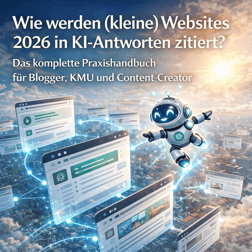 Wie werden kleine Websites 2026 in KI-Antworten zitiert Schaubild mit Roboter für die Frage: Wie werden kleine Websites 2026 in KI-Antworten zitiert