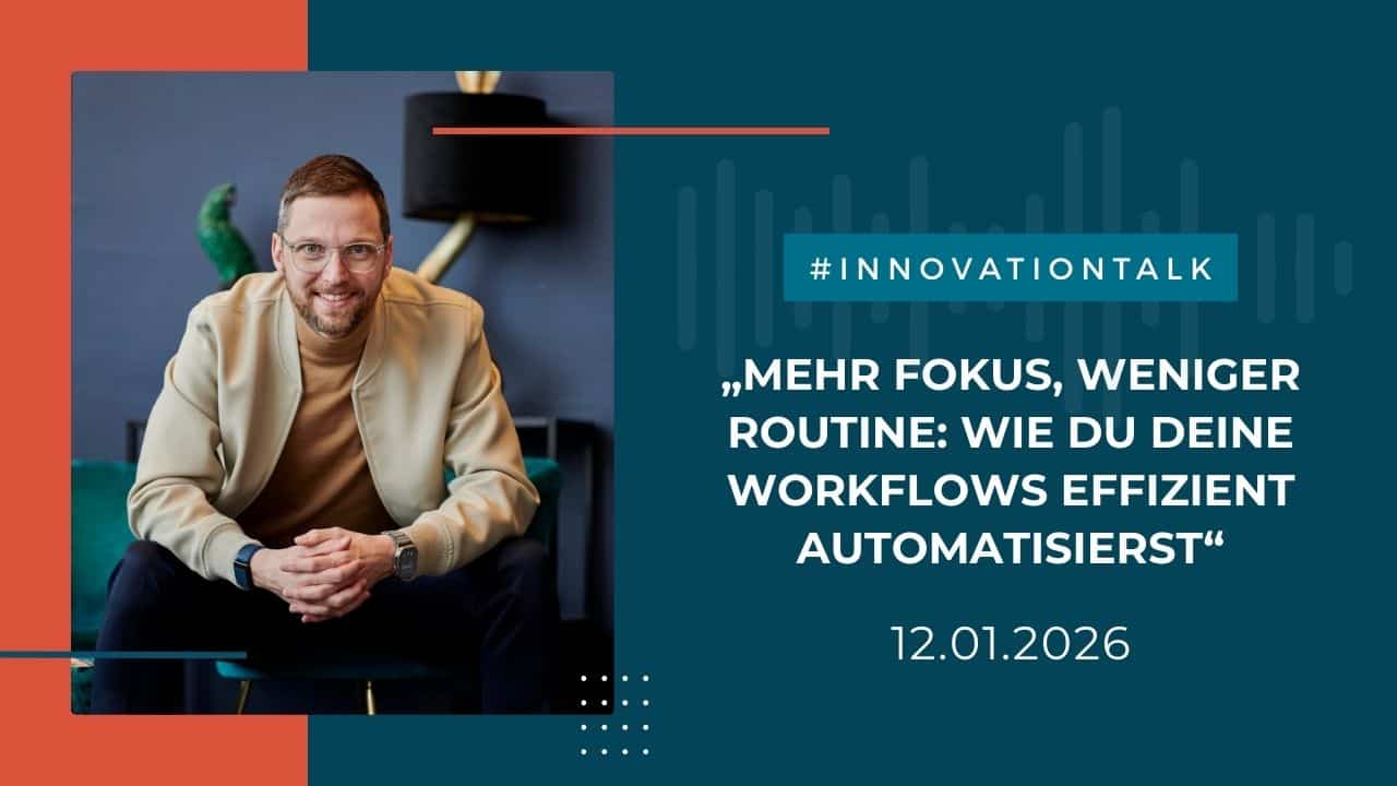 Bild als Thumbnail der Aufzeichnung des Webinars "Mehr Fokus, weniger Routine: Wie du deine Workflows effizient automatisierst". Rechts ein Foto von Claus Weibrecht, links der Webinar Titel vor einem orange blauem Hintergrund.