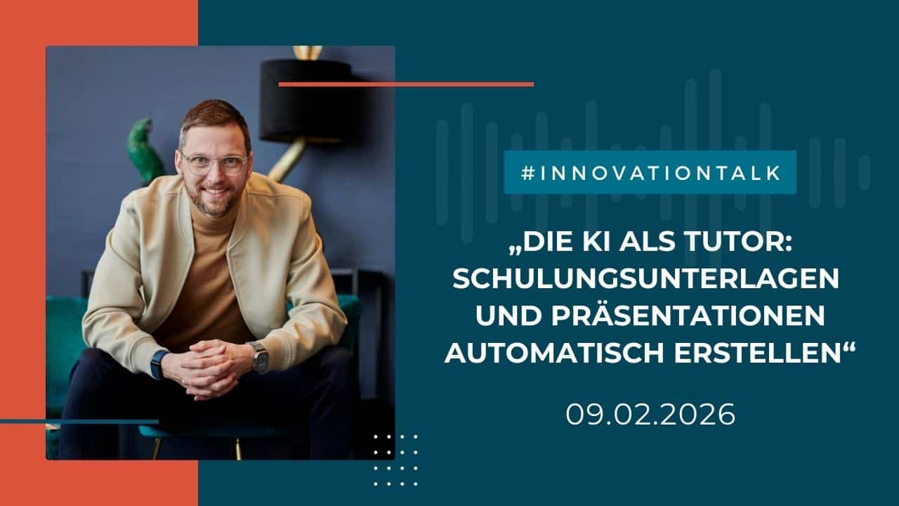 Bild als Thumbnail der Aufzeichnung des Webinars "Die KI als Tutor: Schulungsunterlagen und Präsentationen automatisch erstellen". Rechts ein Foto von Claus Weibrecht, links der Webinar Titel vor einem orange blauem Hintergrund.