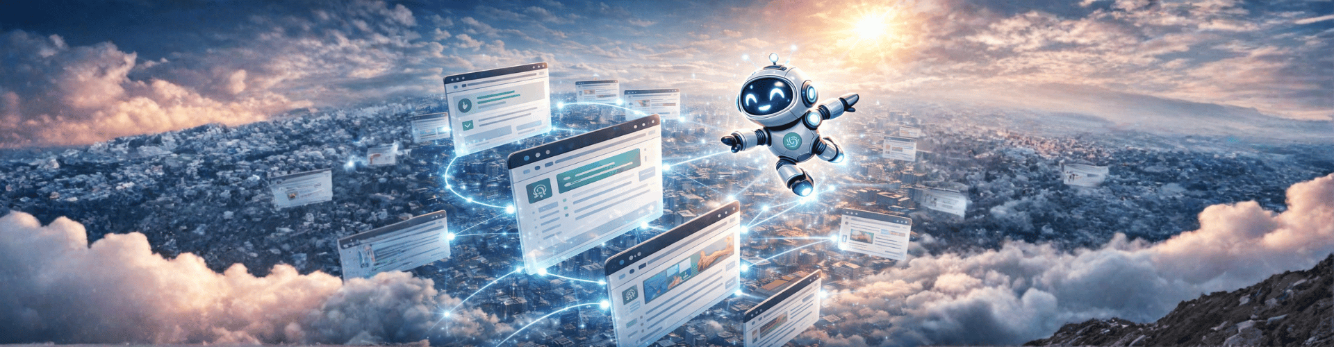 Futuristische Illustration eines KI-Roboters, der vernetzte Websites über einer digitalen Stadtlandschaft verbindet – Symbol für KI-Systeme, die Inhalte aus verschiedenen Websites zitieren und verarbeiten.