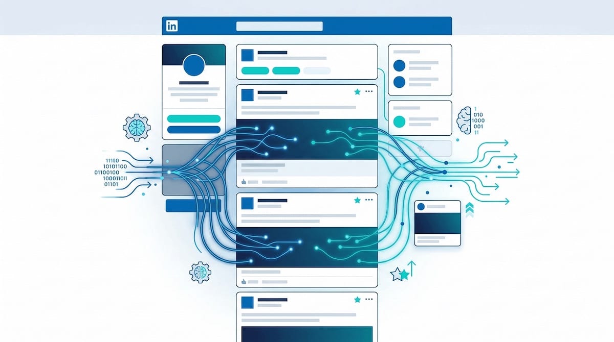 Abstraktes Header-Bild mit LinkedIn-blauem Feed-Interface und leuchtenden neuronalen Netzwerkverbindungen zwischen Post-Karten auf weißem Hintergrund als Symbol für den LinkedIn Algorithmus