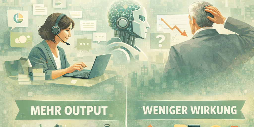 Marketing-Paradox: Illustration zeigt KI-gestütztes Marketing mit mehr Content-Produktion, aber sinkender Wirkung und weniger Umsatz