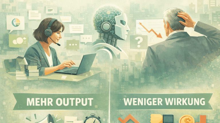 Marketing-Paradox: Illustration zeigt KI-gestütztes Marketing mit mehr Content-Produktion, aber sinkender Wirkung und weniger Umsatz