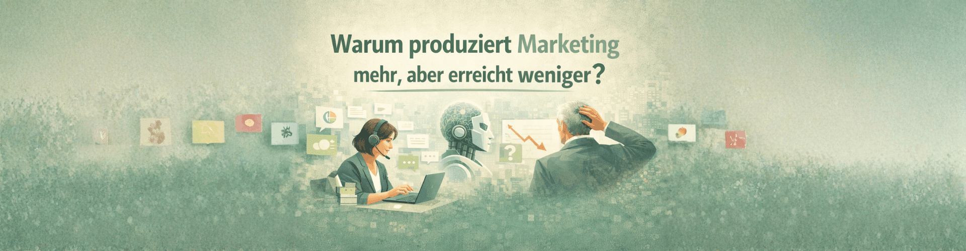 Banner-Illustration zum Marketing-Paradox: Marketing produziert mehr Content durch KI und Automatisierung, während Wirkung und Ergebnisse sinken.
