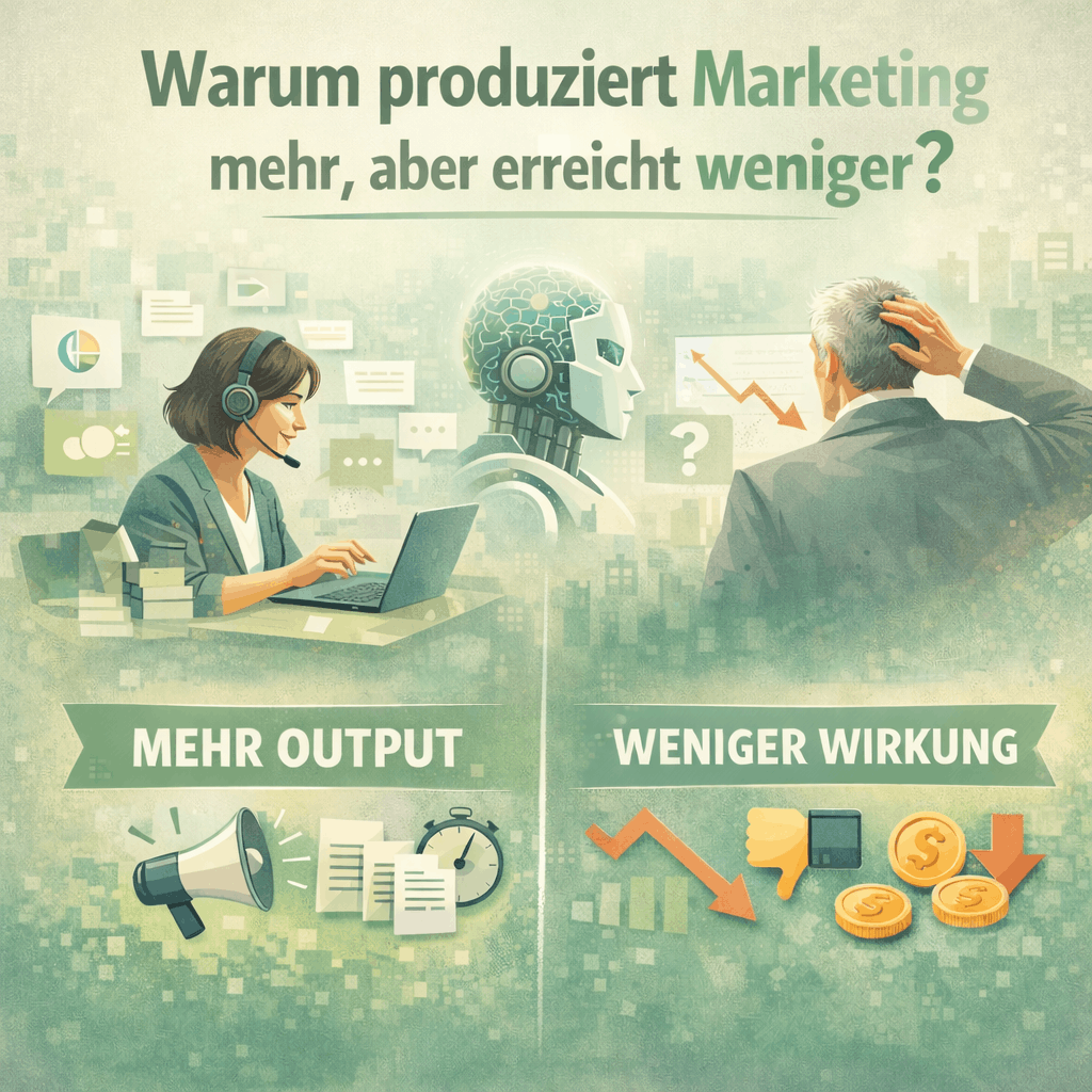 marketing-in-2026 Marketing-Paradox: Illustration zeigt KI-gestütztes Marketing mit mehr Content-Produktion, aber sinkender Wirkung und weniger Umsatz