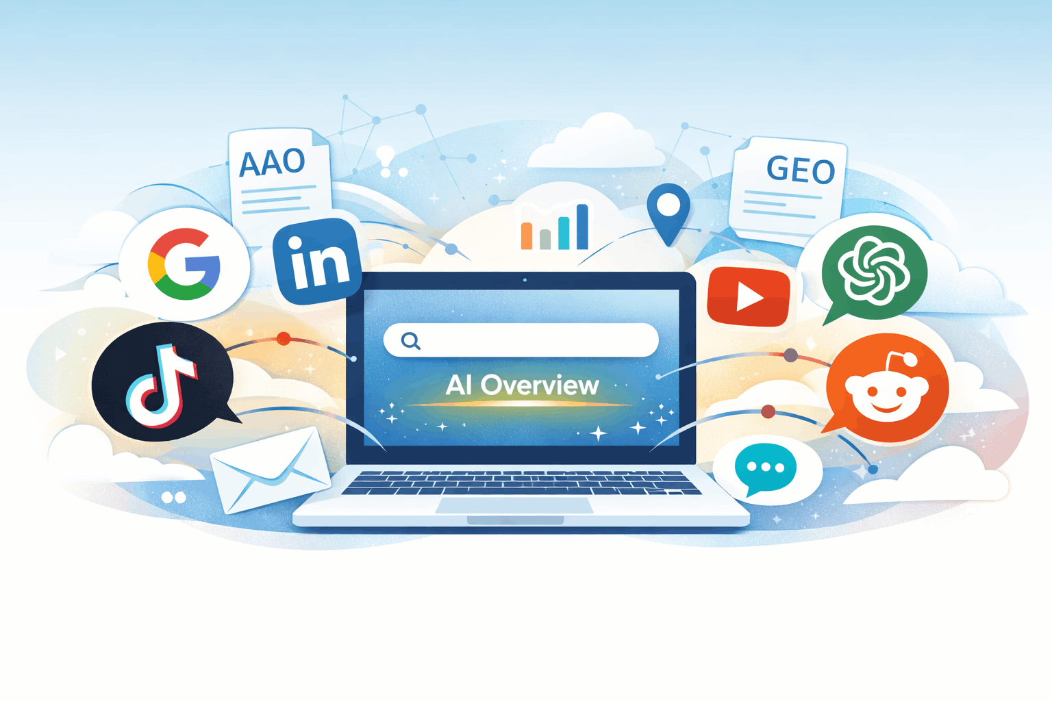 Banner-Illustration zu Multi-Channel-Marketing mit AI Overviews und Plattformen wie Google, LinkedIn, TikTok, YouTube, ChatGPT und Reddit.