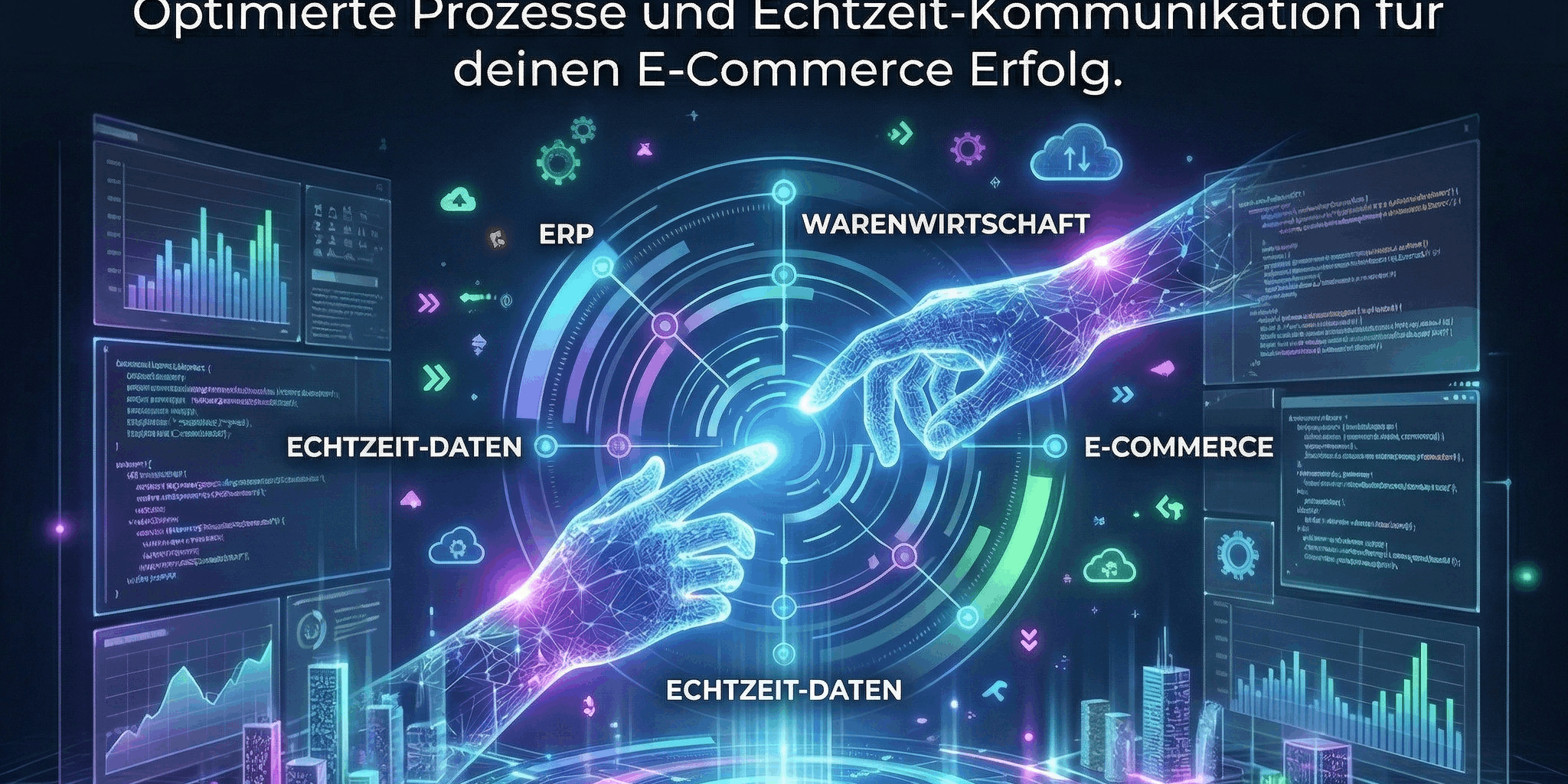 shopware-integration-beitrag Modernes Corporate Futurism Bild: Digitale Vernetzung, Schnittstellen-Lösungen und E-Commerce Datenanalyse.