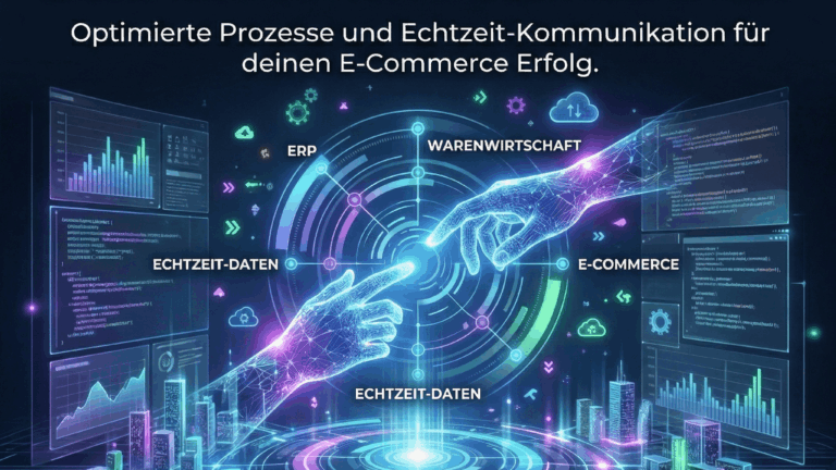Modernes Corporate Futurism Bild: Digitale Vernetzung, Schnittstellen-Lösungen und E-Commerce Datenanalyse.