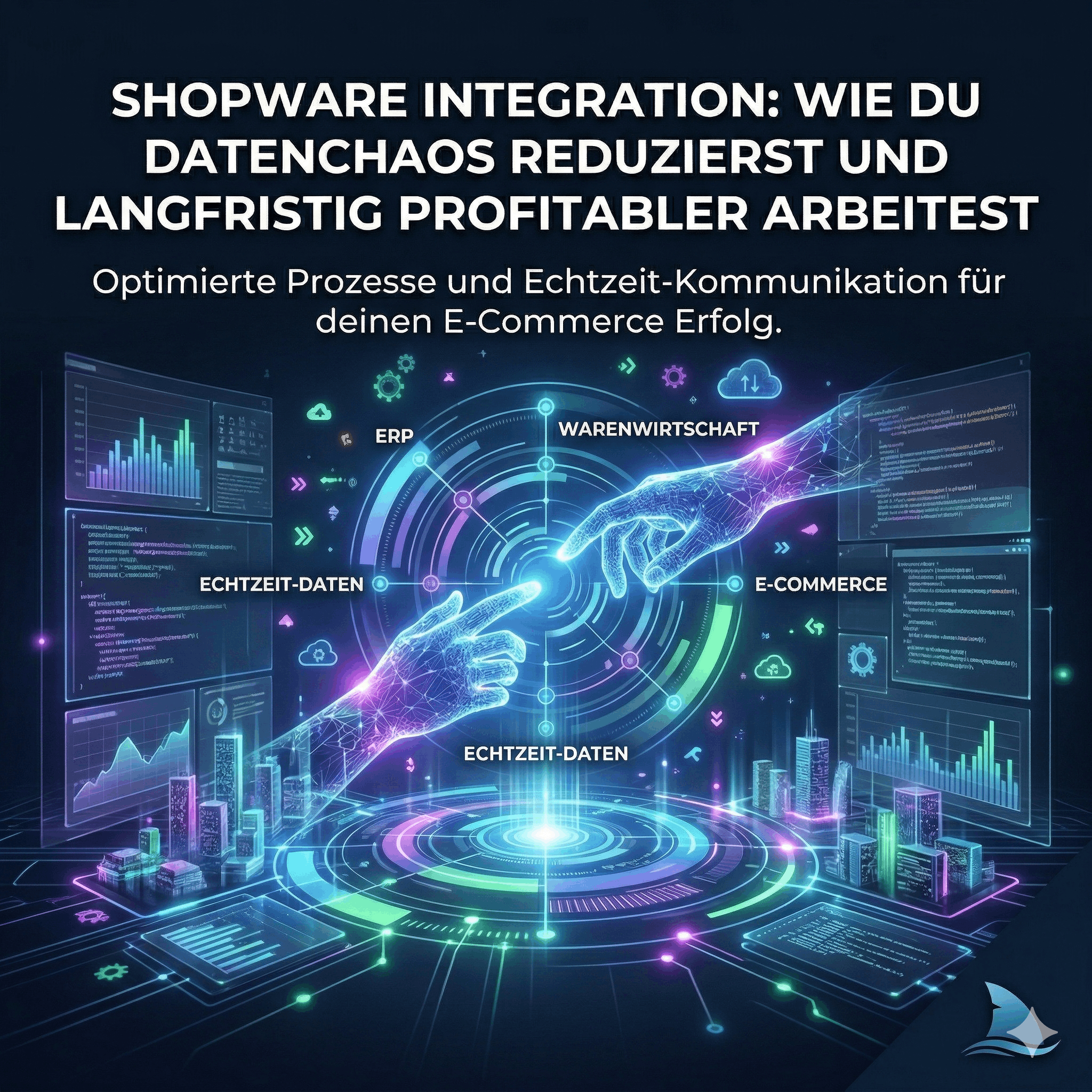 shopware-integration-beitrag Modernes Corporate Futurism Bild: Digitale Vernetzung, Schnittstellen-Lösungen und E-Commerce Datenanalyse.