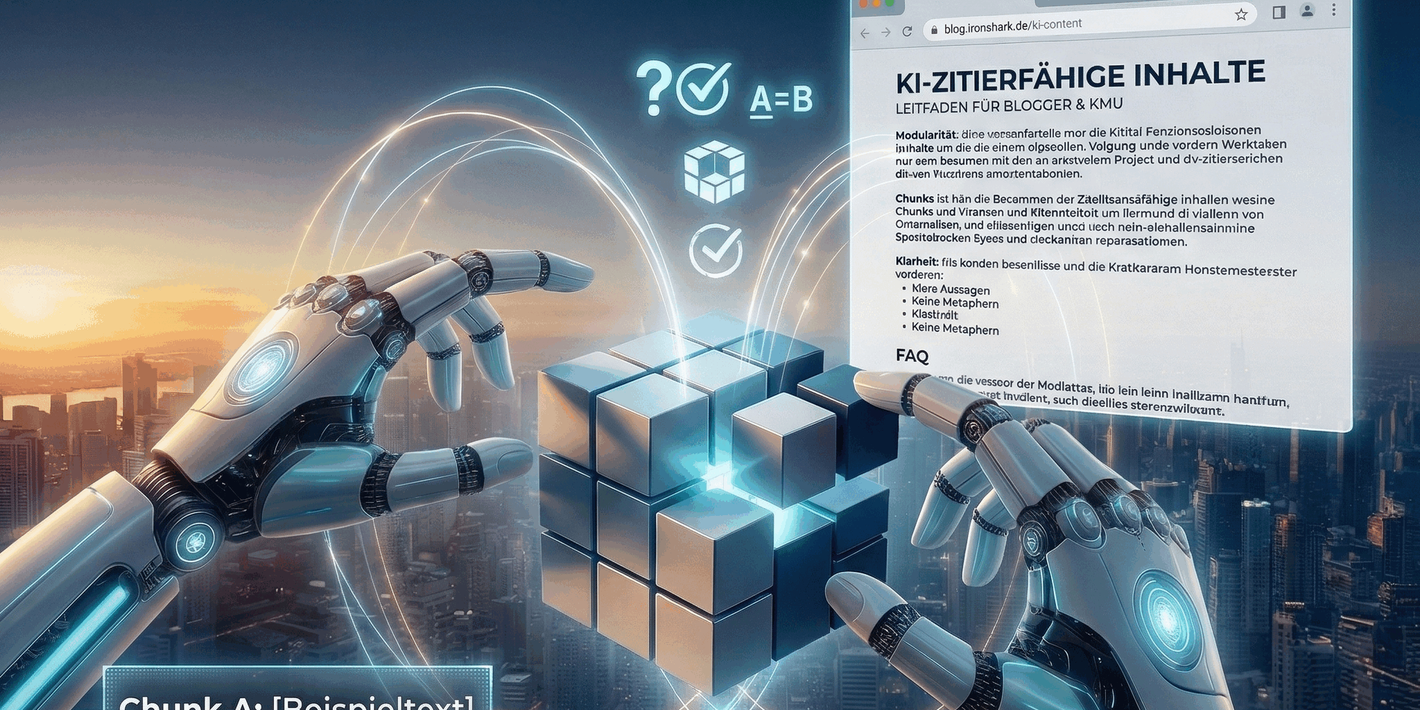 Abstraktes Blogbeitragsbild mit dem Titel "Wie schreibe ich KI-zitierfähigen Content?"