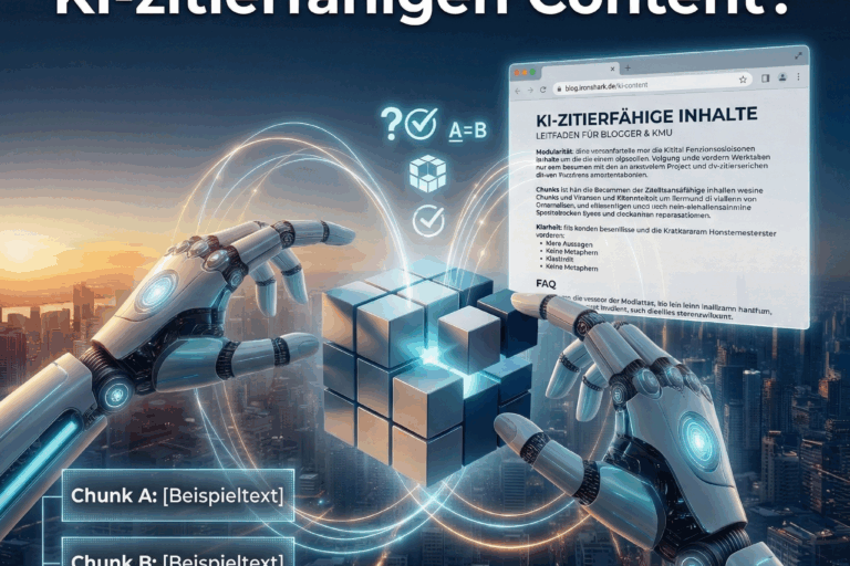 Abstraktes Blogbeitragsbild mit dem Titel "Wie schreibe ich KI-zitierfähigen Content?"