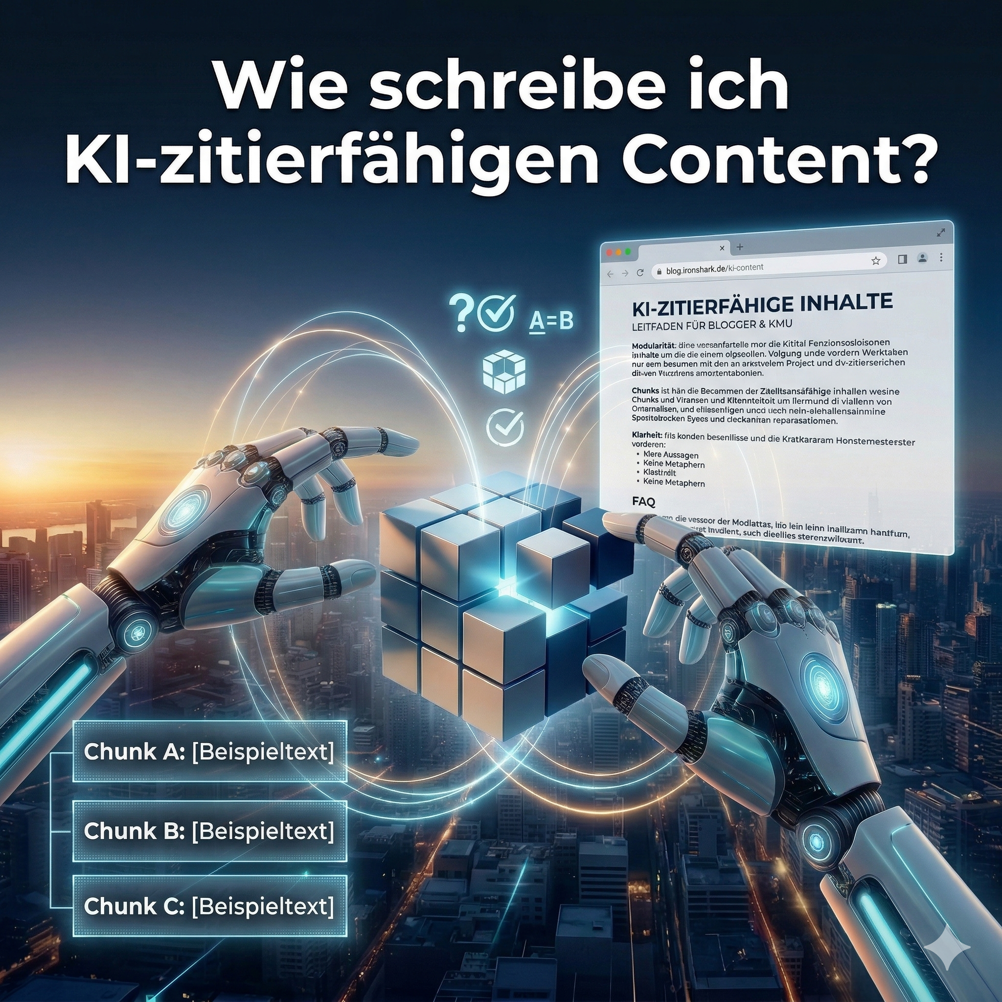 zitierfaehigen-content-schreiben-blog Abstraktes Blogbeitragsbild mit dem Titel "Wie schreibe ich KI-zitierfähigen Content?"