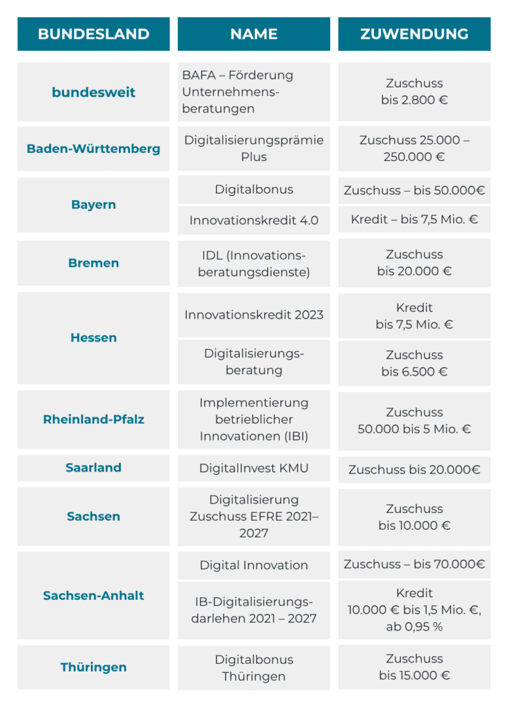 Tabelle mit den Posten für digitale Förderungen unserer Agenturleistungen