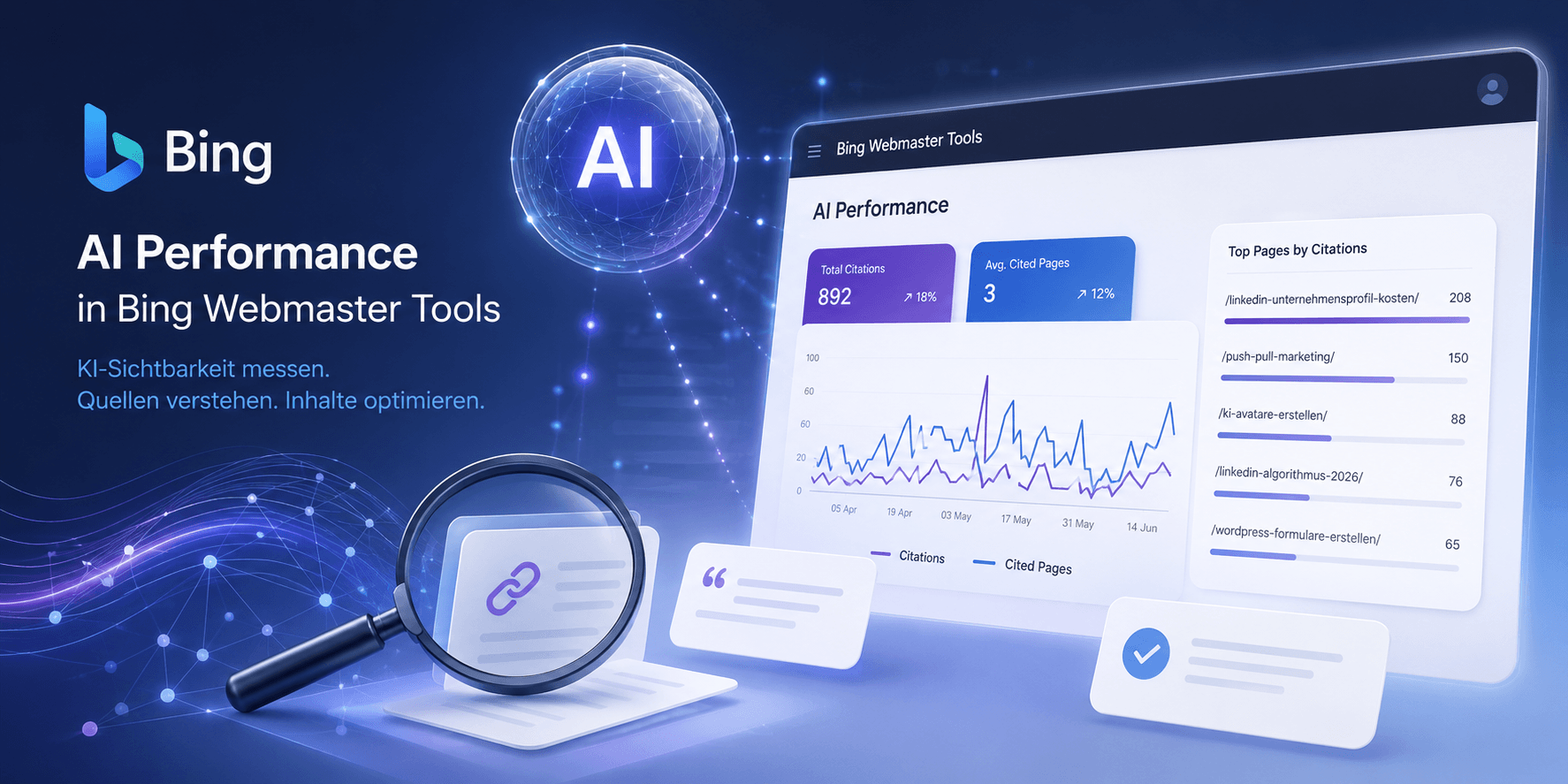 AI Performance in Bing Webmaster Tools mit Dashboard für KI-Zitate, Quellenanalysen und Sichtbarkeit in Copilot