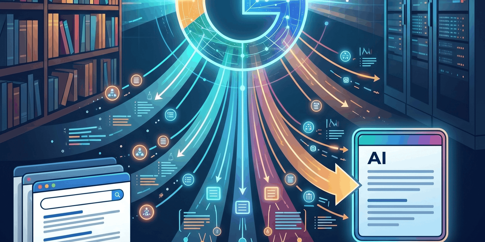 google-2026 Eine quadratische, futuristische Grafik zum Thema Suchmaschinen-Wandel. In der Mitte strahlt ein großes, buntes Google-G-Logo, von dem aus digitale Datenströme nach unten fließen (Query Fan-Out). Links sieht man klassische Browserfenster mit einer Weltkugel, rechts ein Server-Rack und ein Dokumenten-Icon mit der Aufschrift „AI“, das sich in drei separate Quellenseiten aufteilt. Im Hintergrund sind links Bücherregale und rechts Server-Schränke zu sehen. Das Bild enthält keine erklärenden Text-Banner.