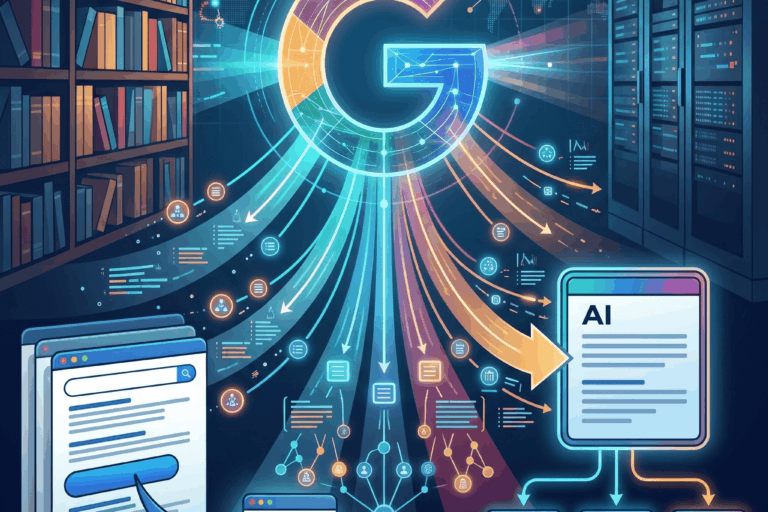 Eine quadratische, futuristische Grafik zum Thema Suchmaschinen-Wandel. In der Mitte strahlt ein großes, buntes Google-G-Logo, von dem aus digitale Datenströme nach unten fließen (Query Fan-Out). Links sieht man klassische Browserfenster mit einer Weltkugel, rechts ein Server-Rack und ein Dokumenten-Icon mit der Aufschrift „AI“, das sich in drei separate Quellenseiten aufteilt. Im Hintergrund sind links Bücherregale und rechts Server-Schränke zu sehen. Das Bild enthält keine erklärenden Text-Banner.