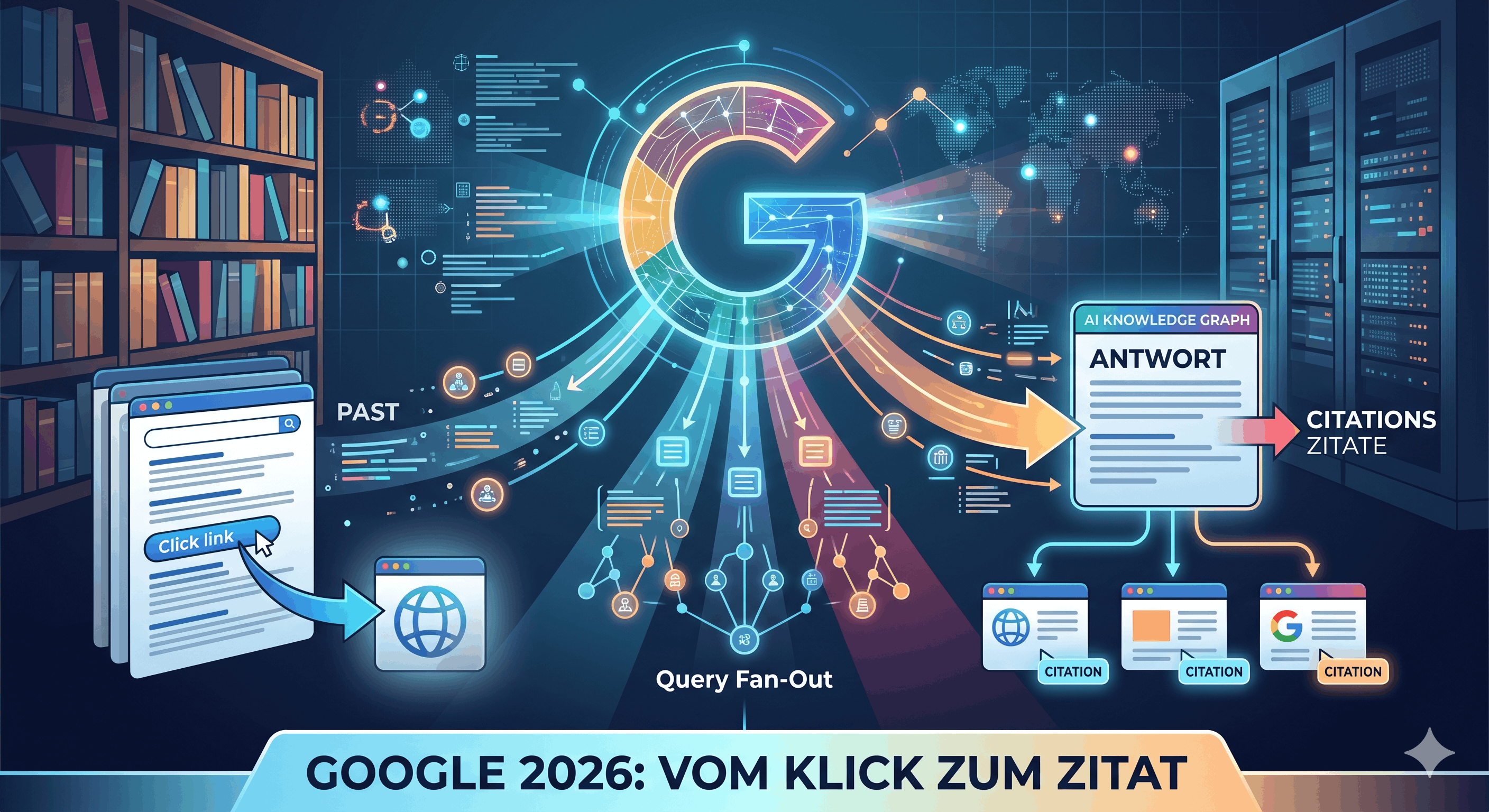 Konzeptionelle Grafik zur Websuche 2026: Ein leuchtendes Google-Logo verbindet klassische Suchergebnisseiten mit einer KI-gesteuerten Antwortbox, die auf verschiedene Web-Quellen verweist. Querformat
