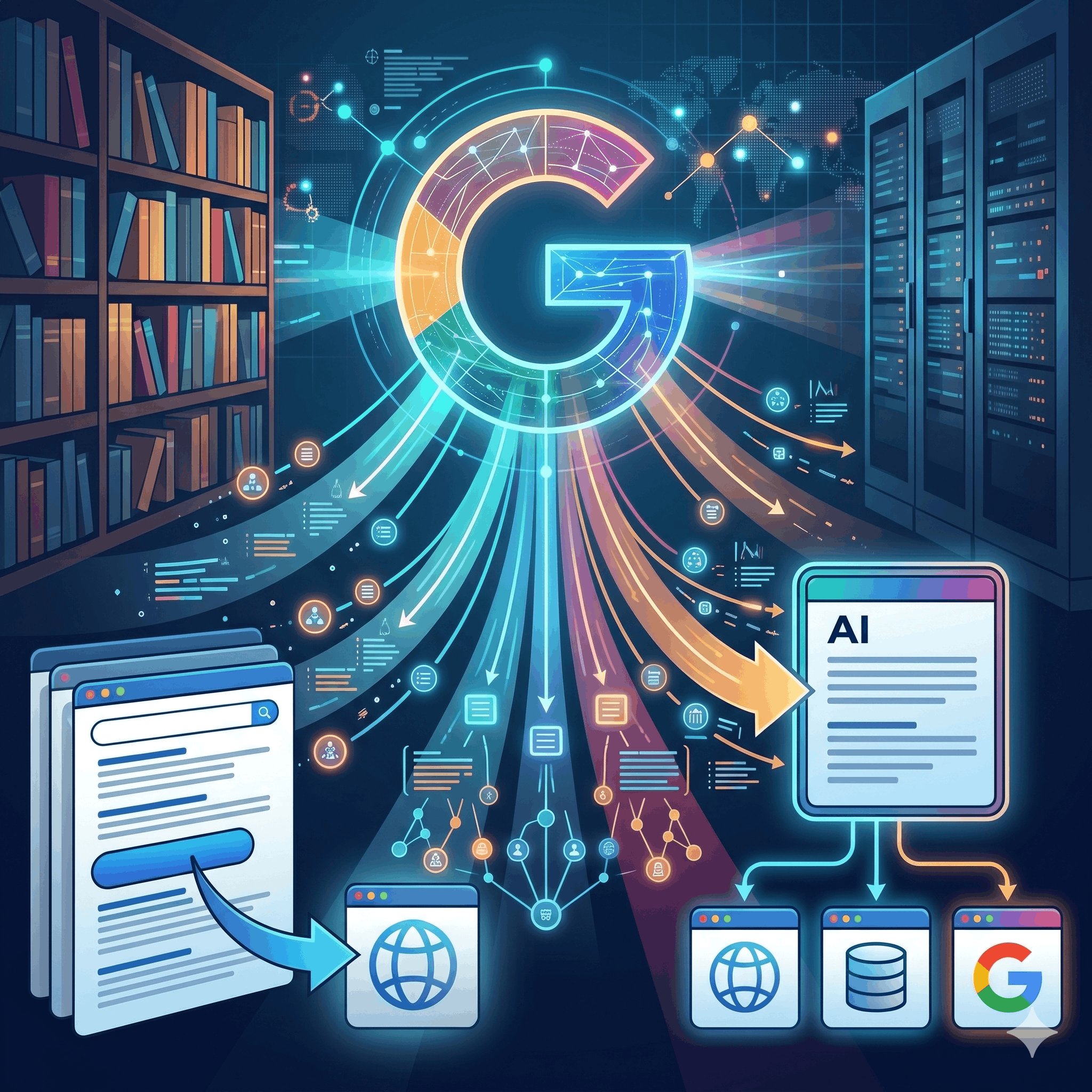 Eine quadratische, futuristische Grafik zum Thema Suchmaschinen-Wandel. In der Mitte strahlt ein großes, buntes Google-G-Logo, von dem aus digitale Datenströme nach unten fließen (Query Fan-Out). Links sieht man klassische Browserfenster mit einer Weltkugel, rechts ein Server-Rack und ein Dokumenten-Icon mit der Aufschrift „AI“, das sich in drei separate Quellenseiten aufteilt. Im Hintergrund sind links Bücherregale und rechts Server-Schränke zu sehen. Das Bild enthält keine erklärenden Text-Banner.