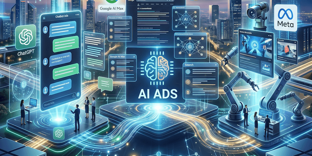 ads-in-ki Quadratisches Vorschau-Bild für den Ironshark Blogbeitrag ‚AI Ads 2026: Ein strategischer Ausblick auf Deutschland‘. Es zeigt ein leuchtendes, futuristisches Motiv mit dem im Corporate Design (Schriftart Montserrat) gut lesbaren Titel. Die visuelle Darstellung kombiniert holografische Chat-Bubbles, Suchergebnis-Bildschirme und automatisierte Kampagnenstrukturen in einer modernen Digital-Art-Szenerie in den Ironshark-Markenfarben Blau, Teal und Orange.