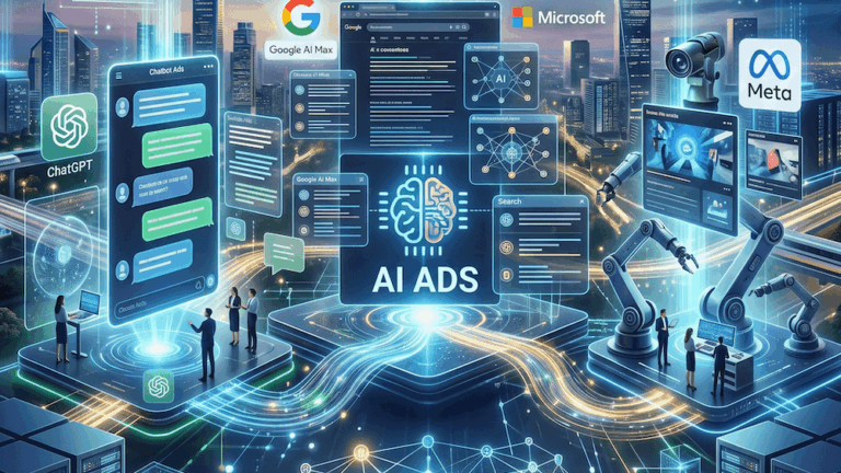 Quadratisches Vorschau-Bild für den Ironshark Blogbeitrag ‚AI Ads 2026: Ein strategischer Ausblick auf Deutschland‘. Es zeigt ein leuchtendes, futuristisches Motiv mit dem im Corporate Design (Schriftart Montserrat) gut lesbaren Titel. Die visuelle Darstellung kombiniert holografische Chat-Bubbles, Suchergebnis-Bildschirme und automatisierte Kampagnenstrukturen in einer modernen Digital-Art-Szenerie in den Ironshark-Markenfarben Blau, Teal und Orange.