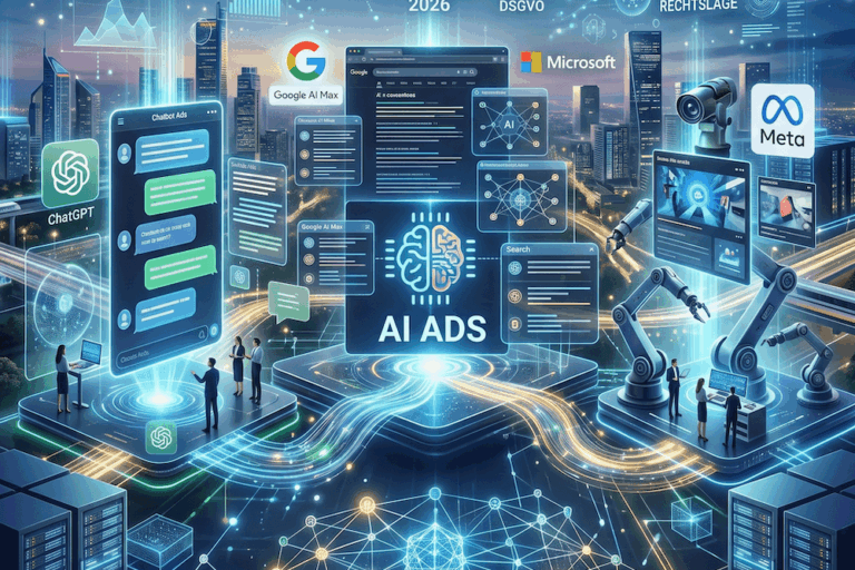 Quadratisches Vorschau-Bild für den Ironshark Blogbeitrag ‚AI Ads 2026: Ein strategischer Ausblick auf Deutschland‘. Es zeigt ein leuchtendes, futuristisches Motiv mit dem im Corporate Design (Schriftart Montserrat) gut lesbaren Titel. Die visuelle Darstellung kombiniert holografische Chat-Bubbles, Suchergebnis-Bildschirme und automatisierte Kampagnenstrukturen in einer modernen Digital-Art-Szenerie in den Ironshark-Markenfarben Blau, Teal und Orange.