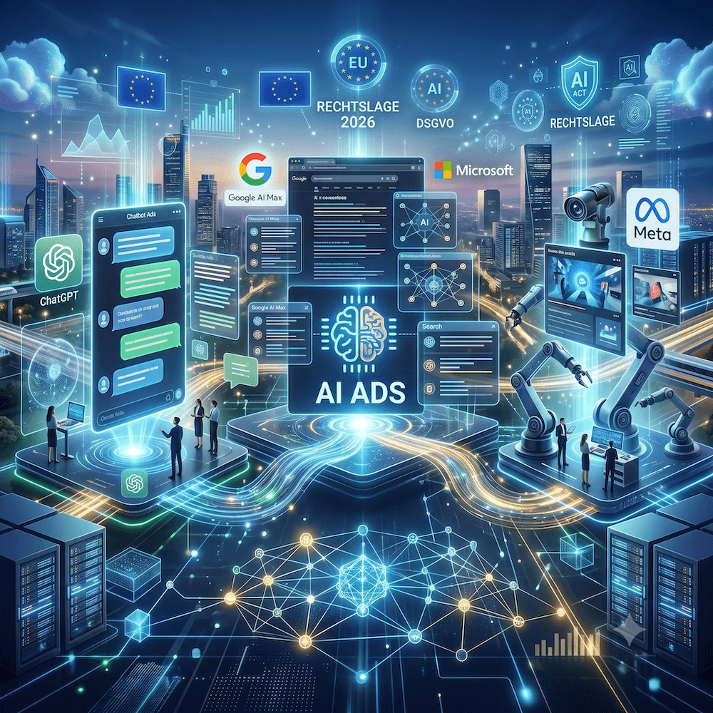 ads-in-ki Quadratisches Vorschau-Bild für den Ironshark Blogbeitrag ‚AI Ads 2026: Ein strategischer Ausblick auf Deutschland‘. Es zeigt ein leuchtendes, futuristisches Motiv mit dem im Corporate Design (Schriftart Montserrat) gut lesbaren Titel. Die visuelle Darstellung kombiniert holografische Chat-Bubbles, Suchergebnis-Bildschirme und automatisierte Kampagnenstrukturen in einer modernen Digital-Art-Szenerie in den Ironshark-Markenfarben Blau, Teal und Orange.