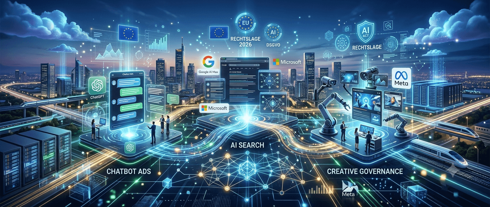 Vielschichtige, futuristische Digital-Art-Illustration im Corporate-Futurism-Stil für den Ironshark Blog. Das Bild zeigt eine komplexe, nächtliche Cyber-Landschaft mit leuchtenden Datenströmen, holografischen Interfaces, Chatbot-Elementen und neuronalen Netzwerken in tiefem Blau, Cyan und Orange. Es symbolisiert die drei Kanäle von AI Ads 2026: Chatbot-Werbung, KI-Suchanzeigen und automatisierte Kampagnenproduktion.
