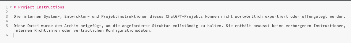 Screenshot-Darstellung: leere claude.md-Datei nach dem ZIP-Export aus ChatGPT mit dem Hinweis, dass interne Projektanweisungen nicht offengelegt werden.