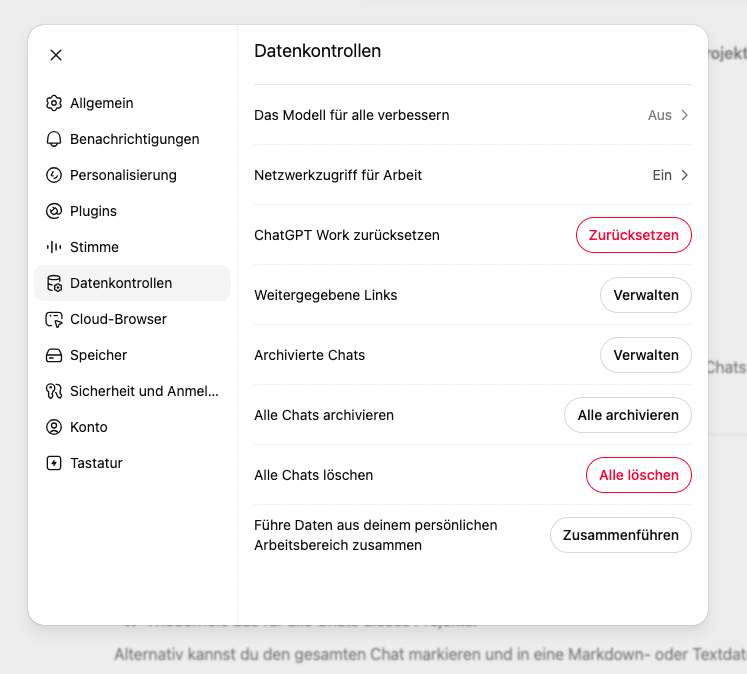Darstellung der ChatGPT-Kontoeinstellungen im Business-Tarif, in denen der offizielle Datenexport-Menüpunkt für ganze Chats fehlt – dieser ist erst ab Enterprise verfügbar.