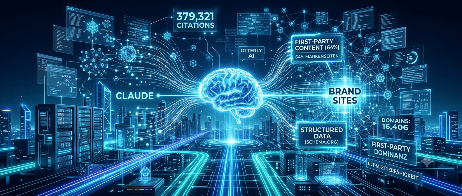 Infografik zur OtterlyAI-Studie: leuchtendes KI-Gehirn als Symbol für Claude, umgeben von Datenströmen und Kennzahlen wie 379.321 Zitationen, 16.406 Domains und 64 % First-Party-Content – First-Party-Markenseiten dominieren, was Claude zitiert.