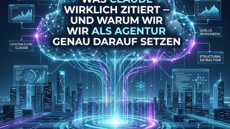 Infografik: Was Claude zitiert – 379.321 Zitationen, 16.406 Domains, 64 % First-Party-Markenseiten aus der OtterlyAI-Studie.