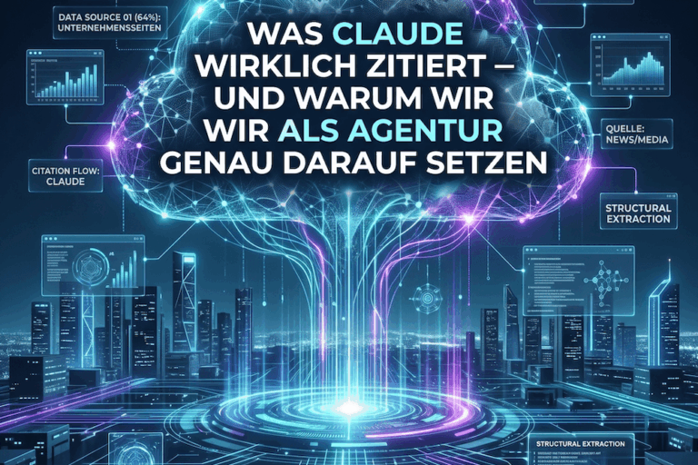Infografik: Was Claude zitiert – 379.321 Zitationen, 16.406 Domains, 64 % First-Party-Markenseiten aus der OtterlyAI-Studie.