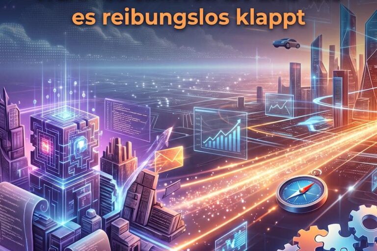 Ein quadratisches Vorschaubild im modernen 'Corporate Futurism'-Stil für einen Blogbeitrag über den Wechsel einer Shopware-Agentur. Der Titel 'Shopware Agentur wechseln: Wann es sinnvoll ist und wie es reibungslos klappt' steht prominent in Montserrat-Schrift und den Firmenfarben Orange und Lila im oberen Bereich. Der Hintergrund zeigt eine kondensierte Version des dynamischen Datenübergangs von einer alten Struktur in eine glühende, futuristische Digitalstadt.