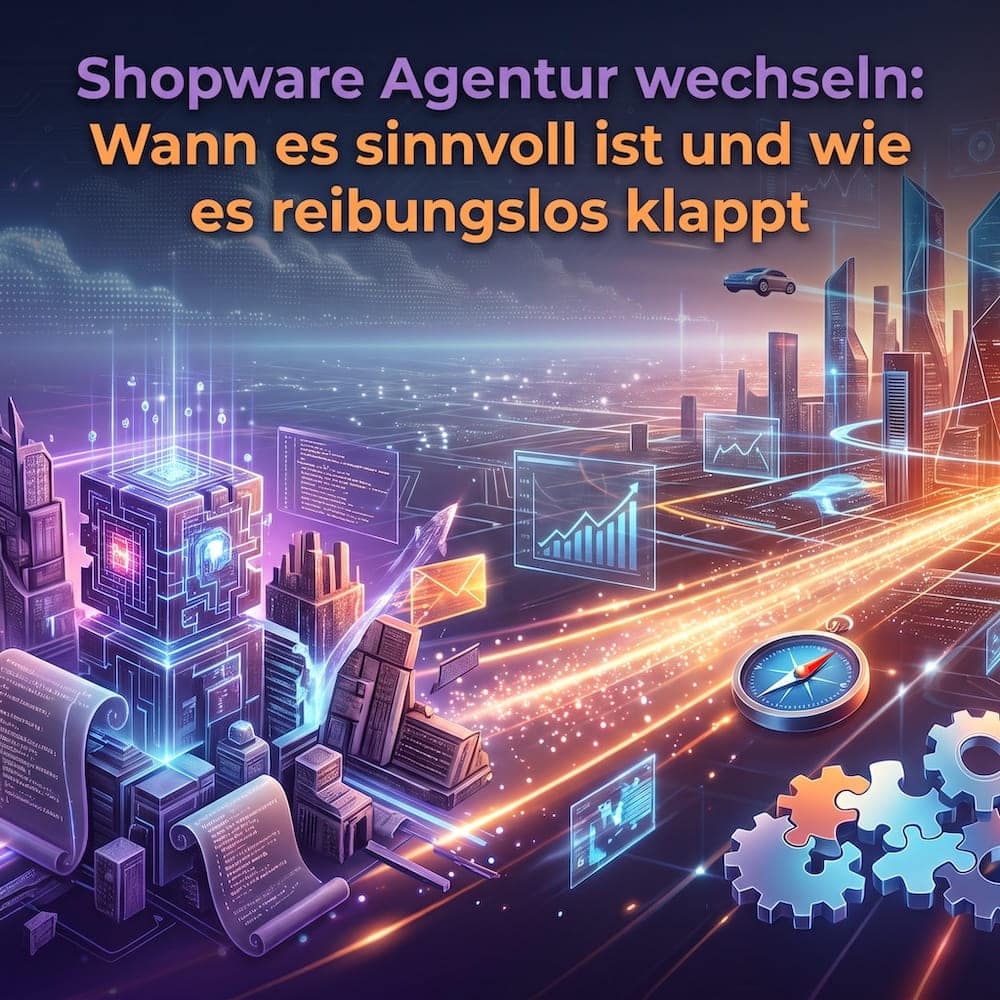 Ein quadratisches Vorschaubild im modernen 'Corporate Futurism'-Stil für einen Blogbeitrag über den Wechsel einer Shopware-Agentur. Der Titel 'Shopware Agentur wechseln: Wann es sinnvoll ist und wie es reibungslos klappt' steht prominent in Montserrat-Schrift und den Firmenfarben Orange und Lila im oberen Bereich. Der Hintergrund zeigt eine kondensierte Version des dynamischen Datenübergangs von einer alten Struktur in eine glühende, futuristische Digitalstadt.